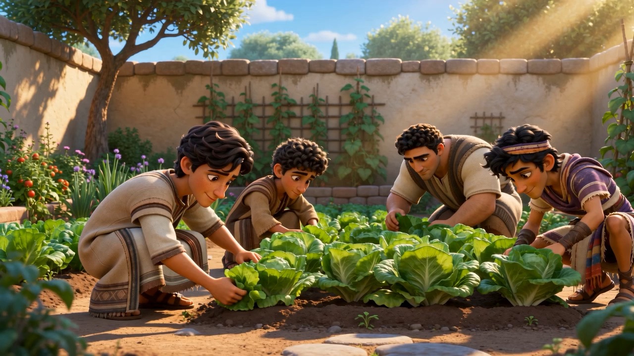 The four tend the cabbage rows in the morning sun