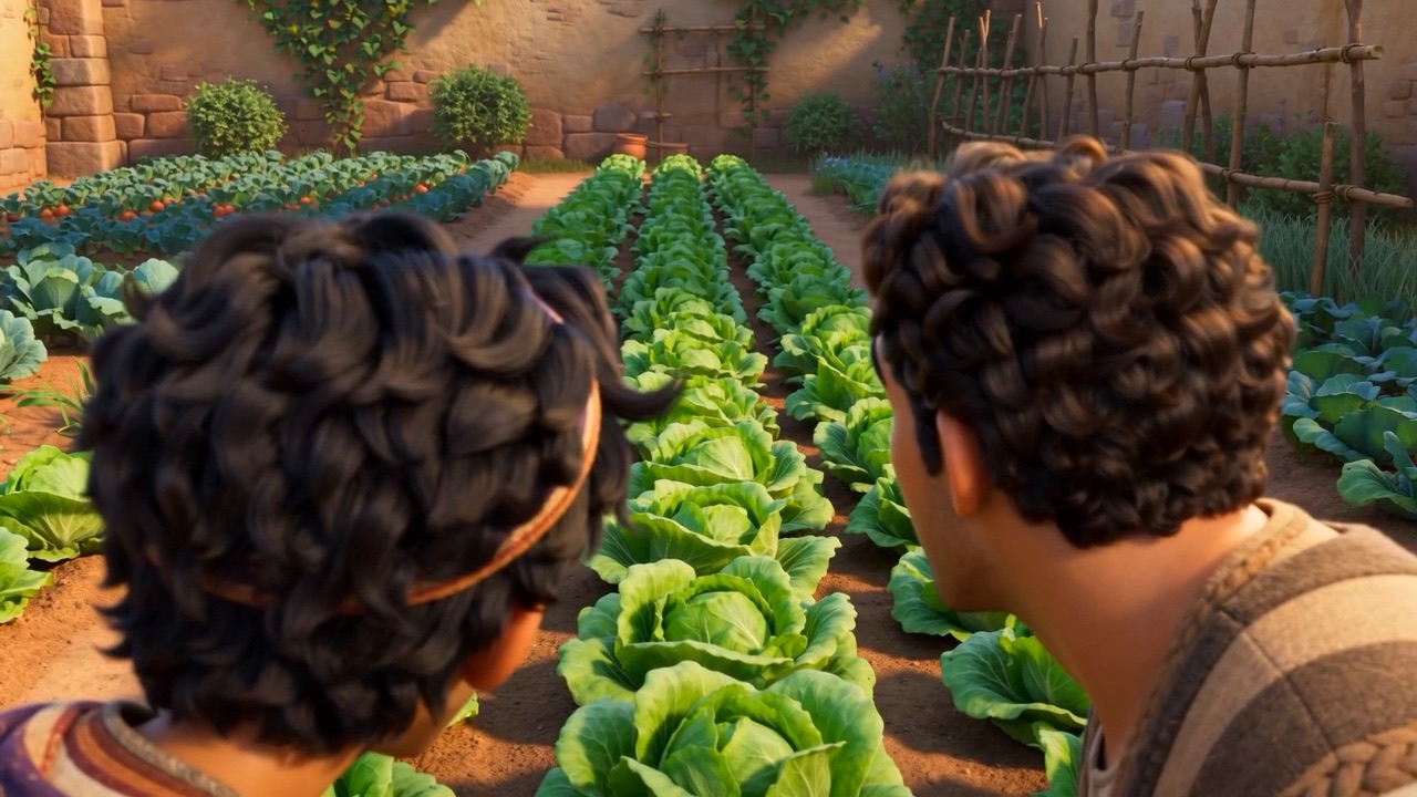 Slow turn toward the sound in the cabbages