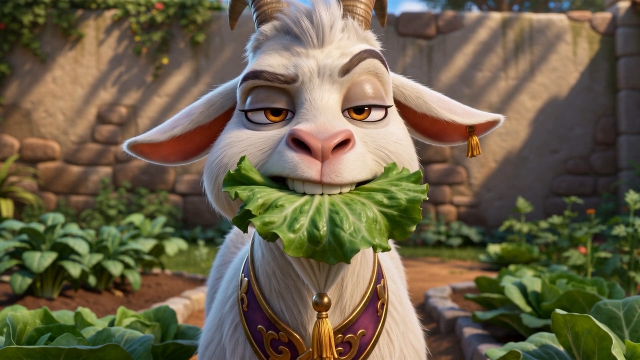 The goat grins around a mouthful of cabbage leaf