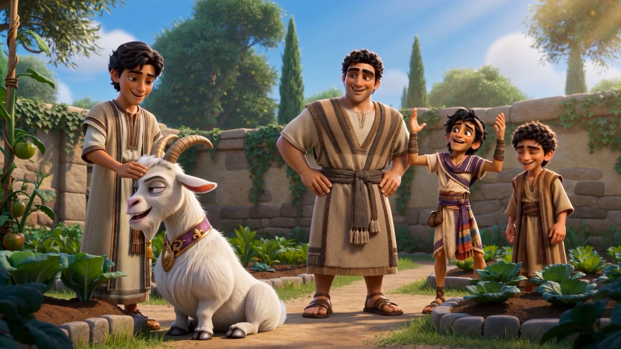 The four and the goat, one odd little garden family