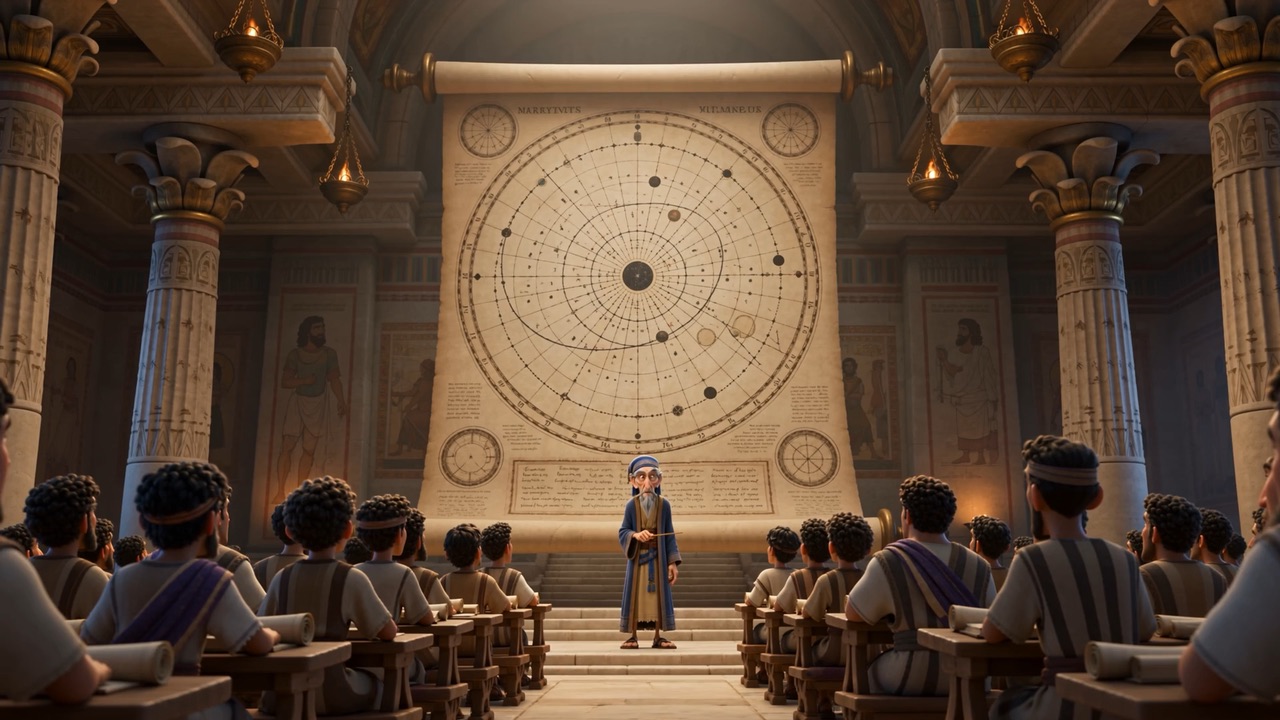 A lecture hall built around a giant chart of the constellations