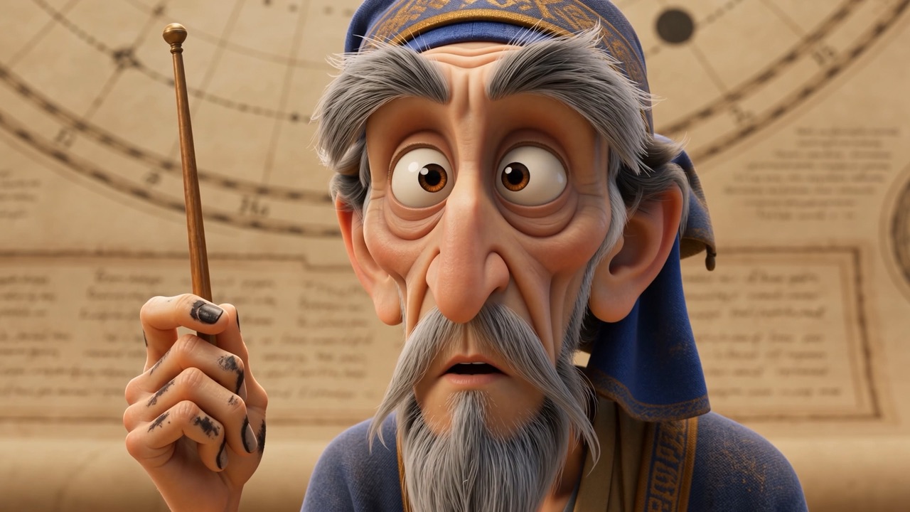 The old astronomer, wide-eyed, pointer in hand