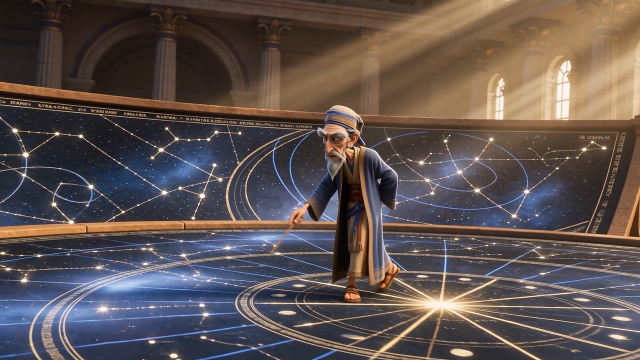 He paces a glowing floor-map of the constellations