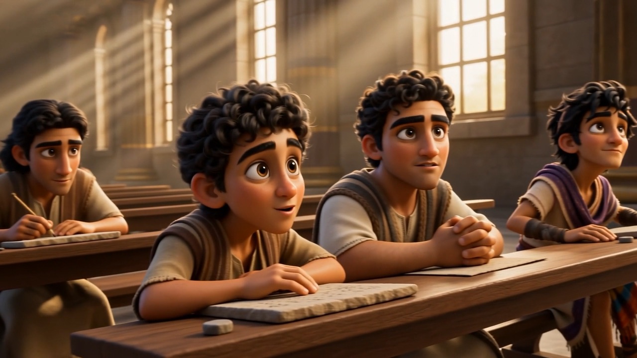 The boys grin at their desks — Daniel has asked a question
