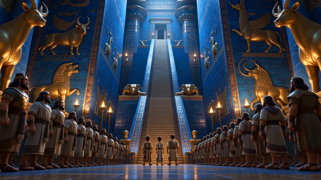 The throne hall — a torchlit mountain of blue and gold