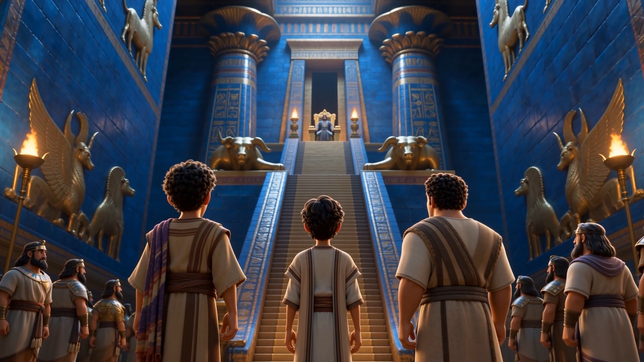 The four, small from behind, face the great stairs
