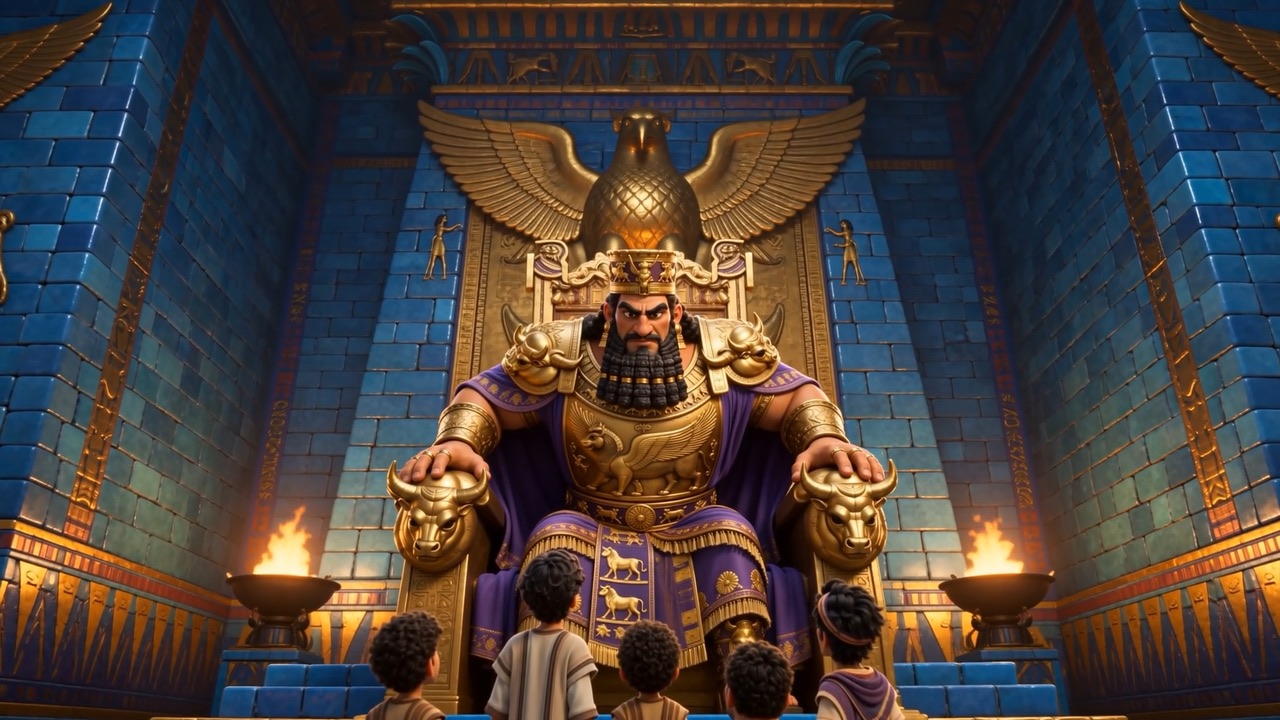 Nebuchadnezzar seated in gold, watching them come