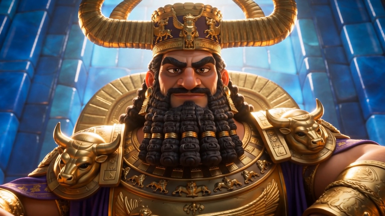 The king leans back, horned crown blazing, measuring them