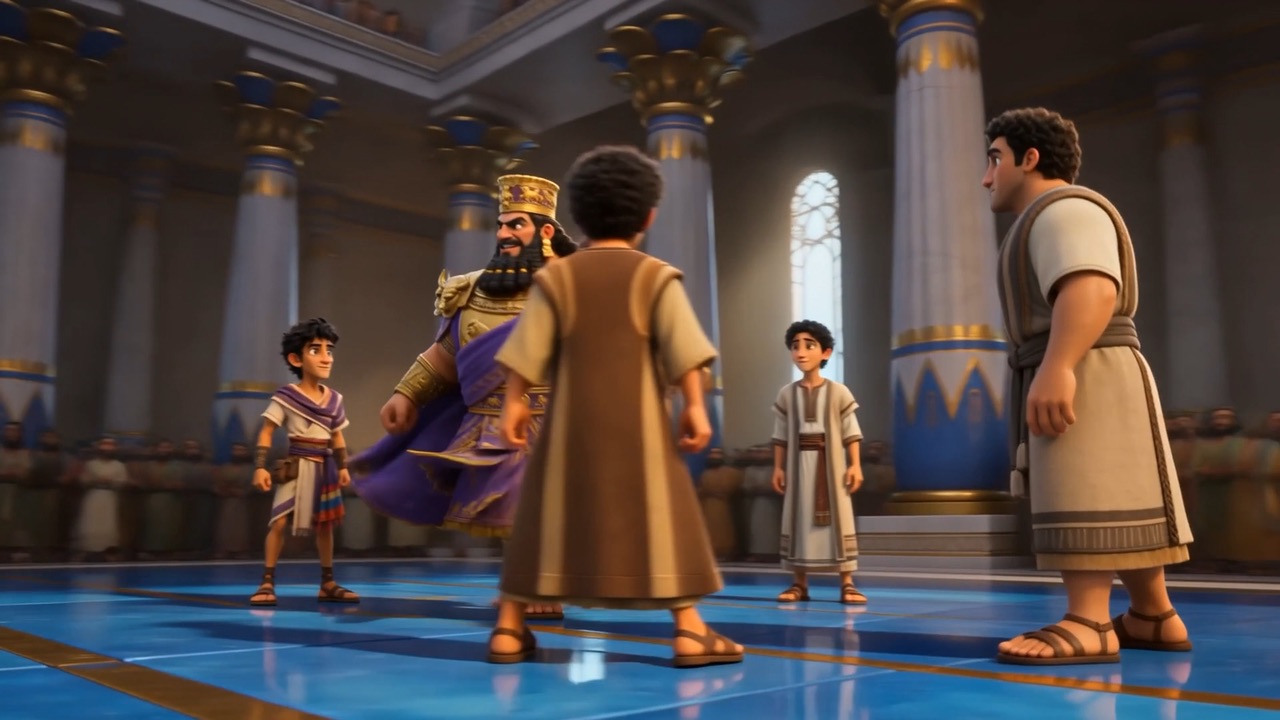 The king strides across the bright hall toward the four