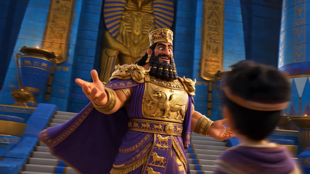The king presents the four to the court, arms wide