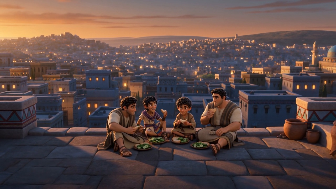 The four friends share supper on a rooftop