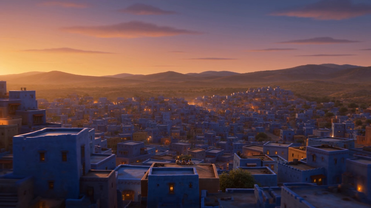 Babylon's rooftops glow purple in the dusk