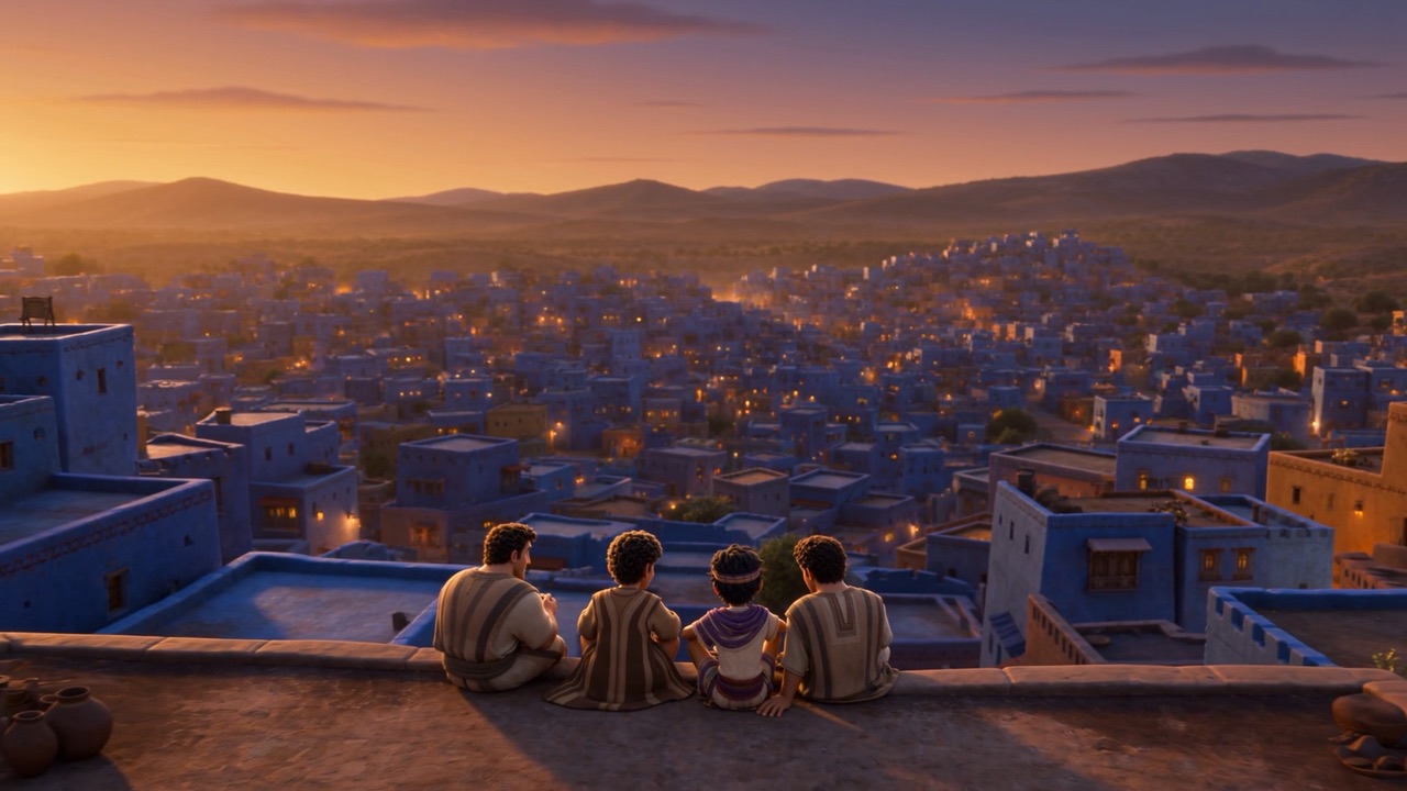 Three of them sit on the parapet, watching the city dim