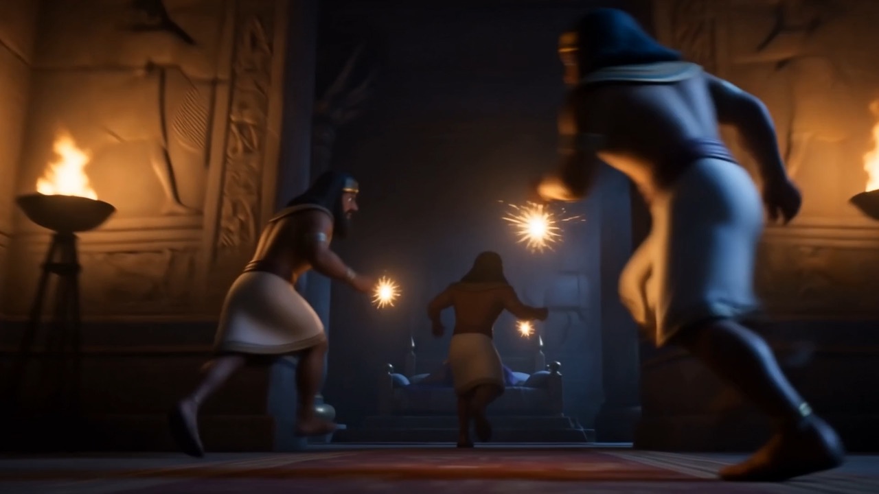 Servants scramble through the dark with lamps