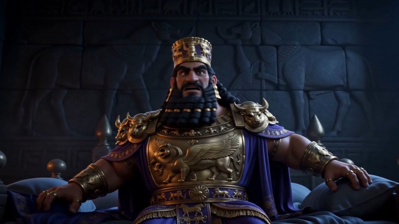 The king sits rigid, gripping the bedclothes
