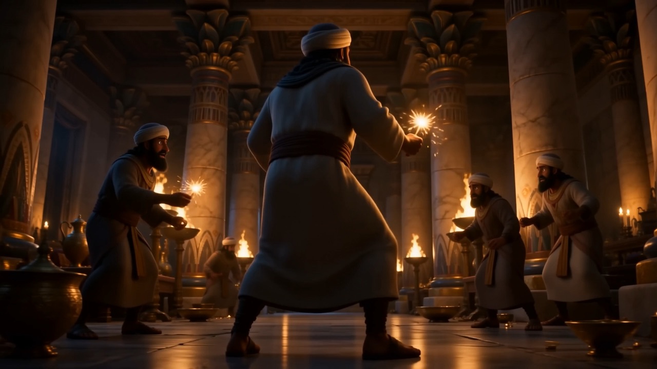 Attendants rush the bedchamber, flames guttering