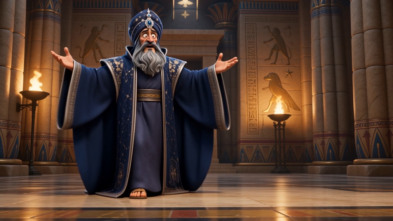 The chief astrologer spreads his arms before the king