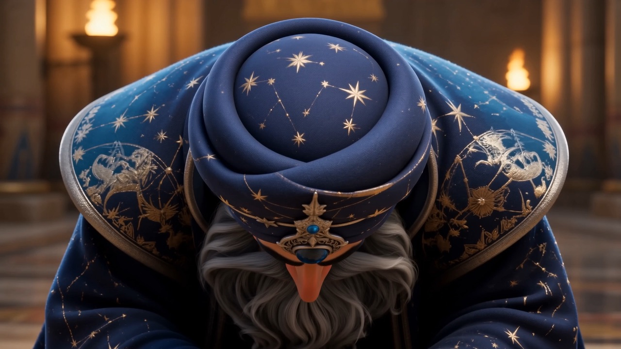 The astrologer bows low, robes pooling