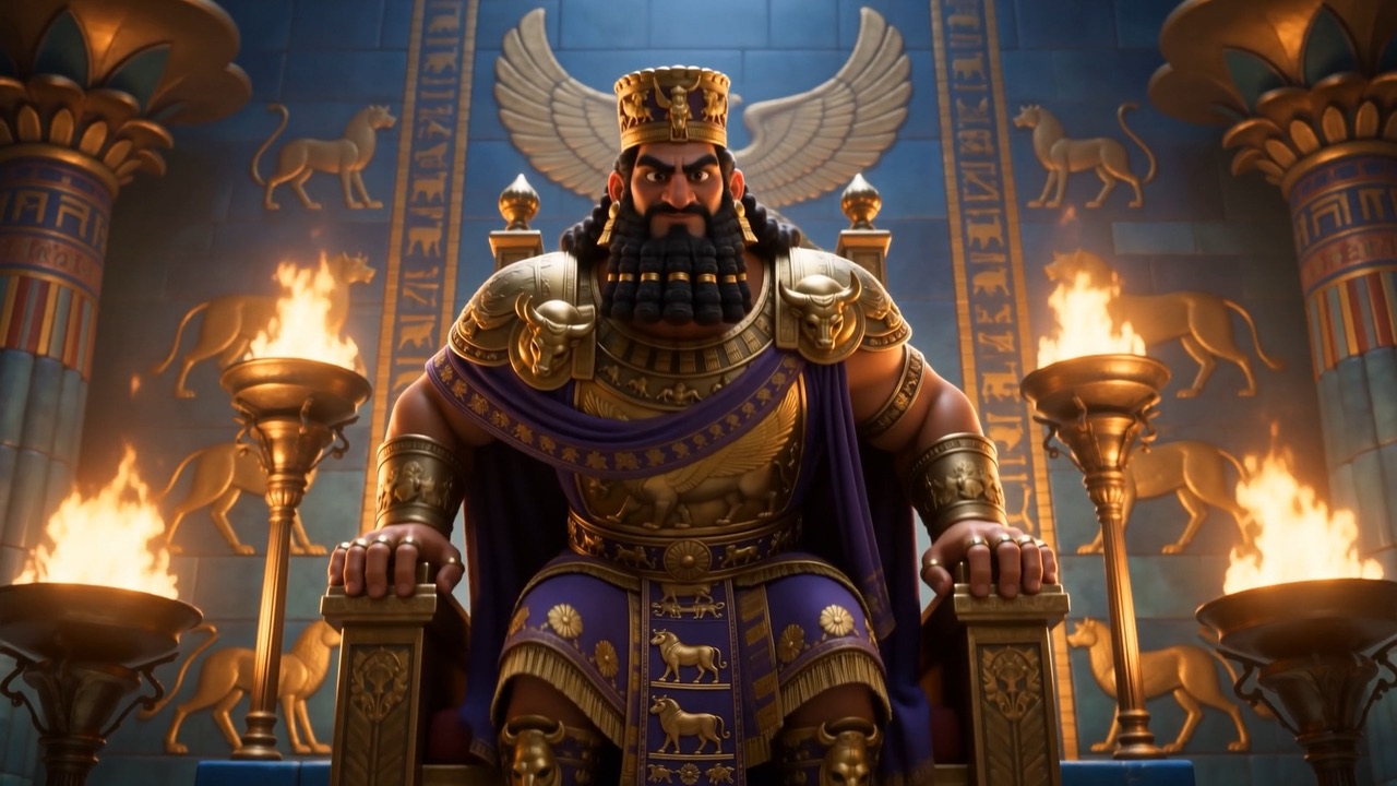 The king rises from the fire-flanked throne