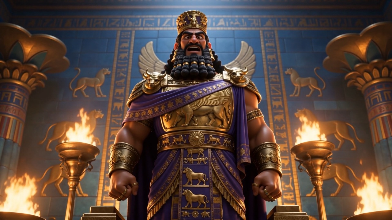 Nebuchadnezzar stands, fists clenched, roaring the decree