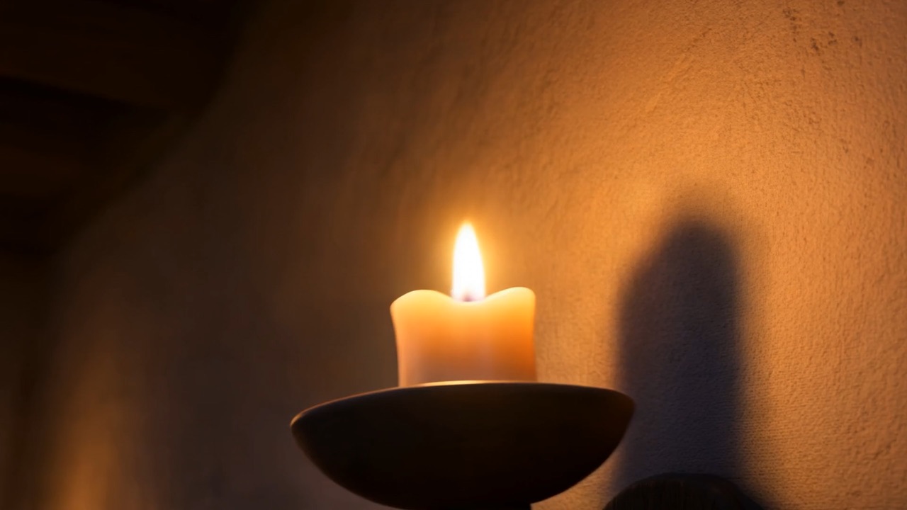 A shadow looms up the wall beside the candle