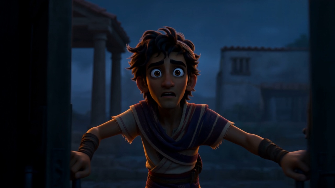 He peers out into the night, eyes wide