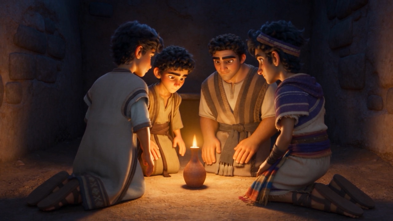 The four kneel in a circle around one oil lamp