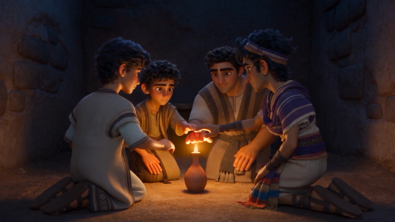Heads bowed close over the small flame