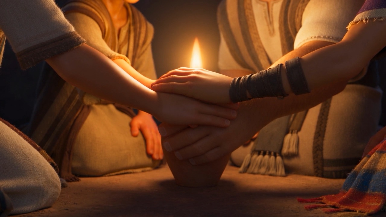 Four hands stack together beside the lamp