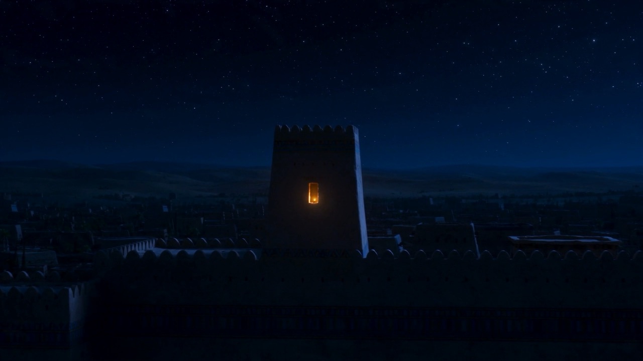 Across the dark city, one tower window burns with light