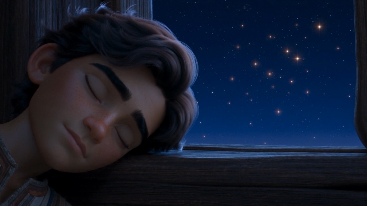 Daniel sleeps by the window under a sky of stars