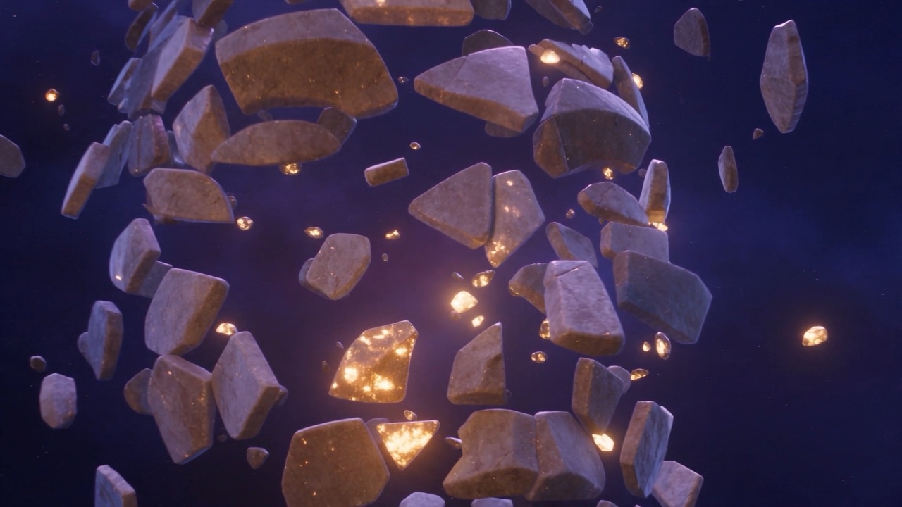 Stone fragments swarm together, glowing at the seams