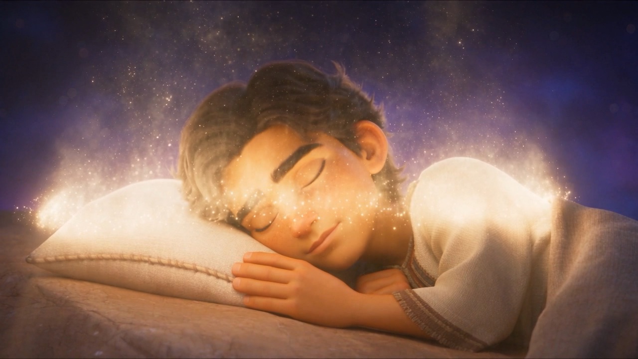A shimmer of gold settles over the sleeping Daniel