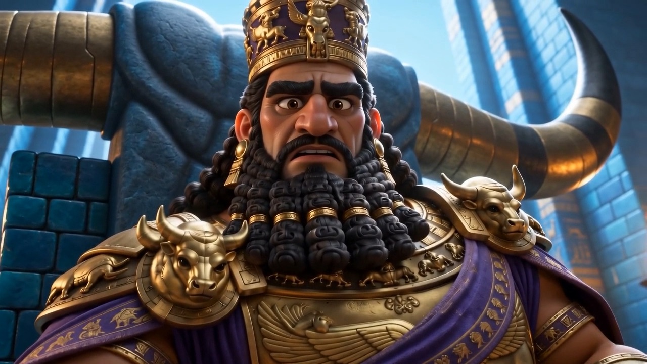 The king leans over his golden bulls, demanding