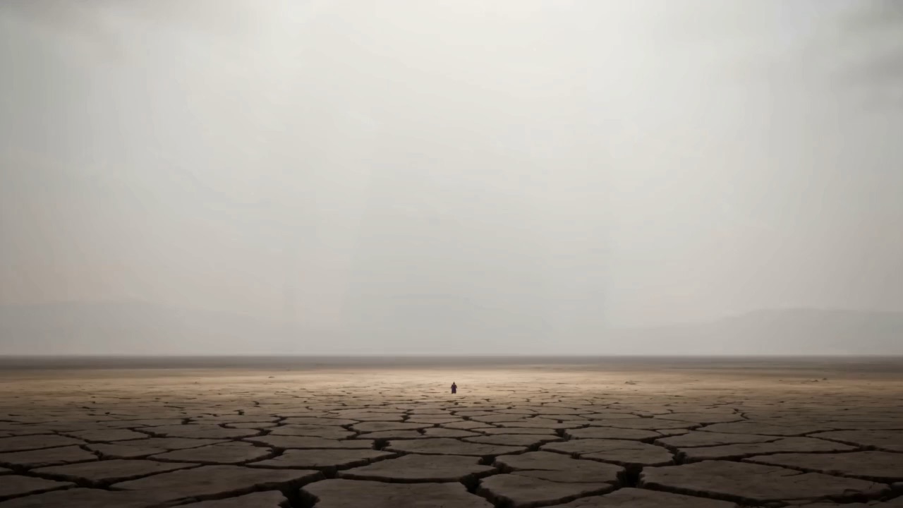 A cracked, empty plain under a white sky — one tiny figure