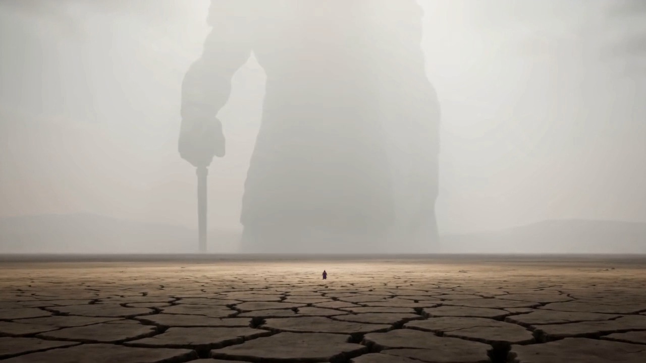 A colossus looms out of the mist above the tiny man