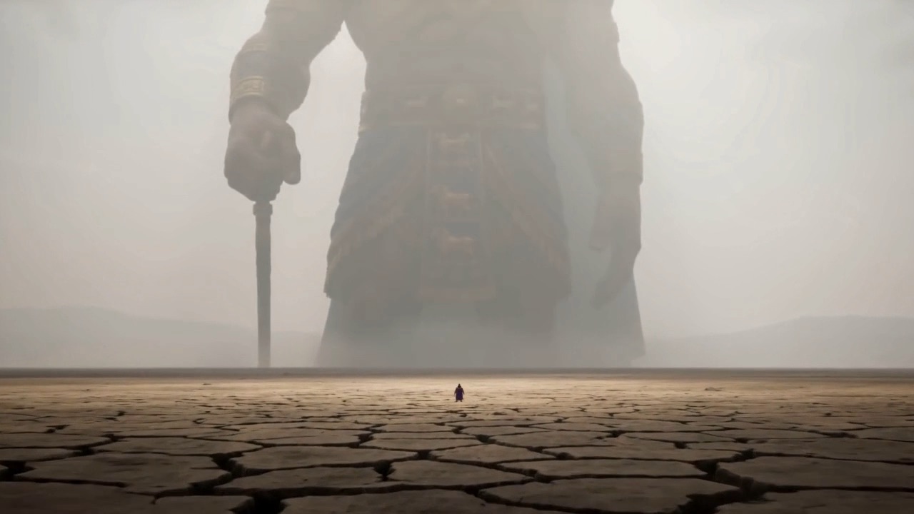 The statue's legs rise like towers from the plain