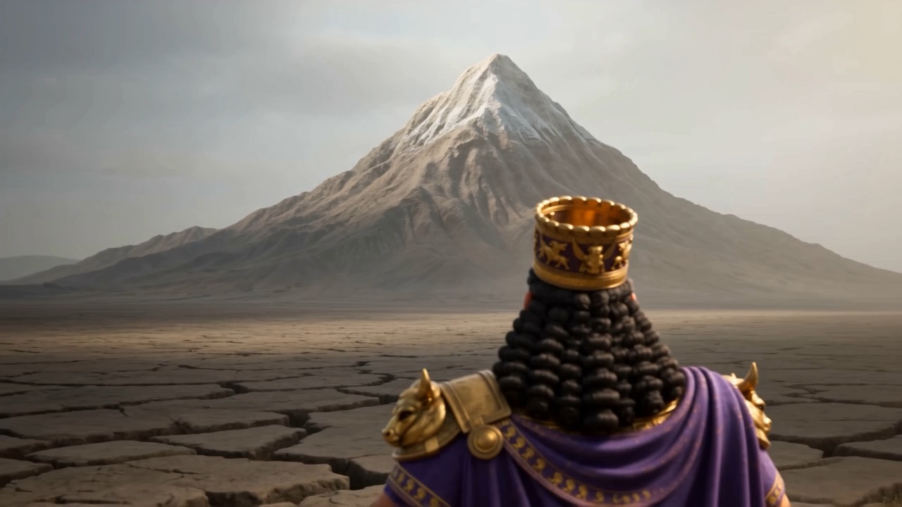 The king stands small before a mountain filling the horizon
