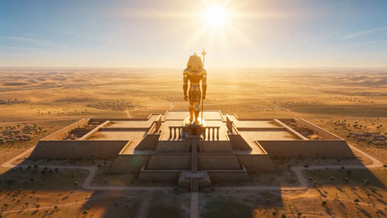 A golden colossus towers over the plain of Dura, sun blazing behind it