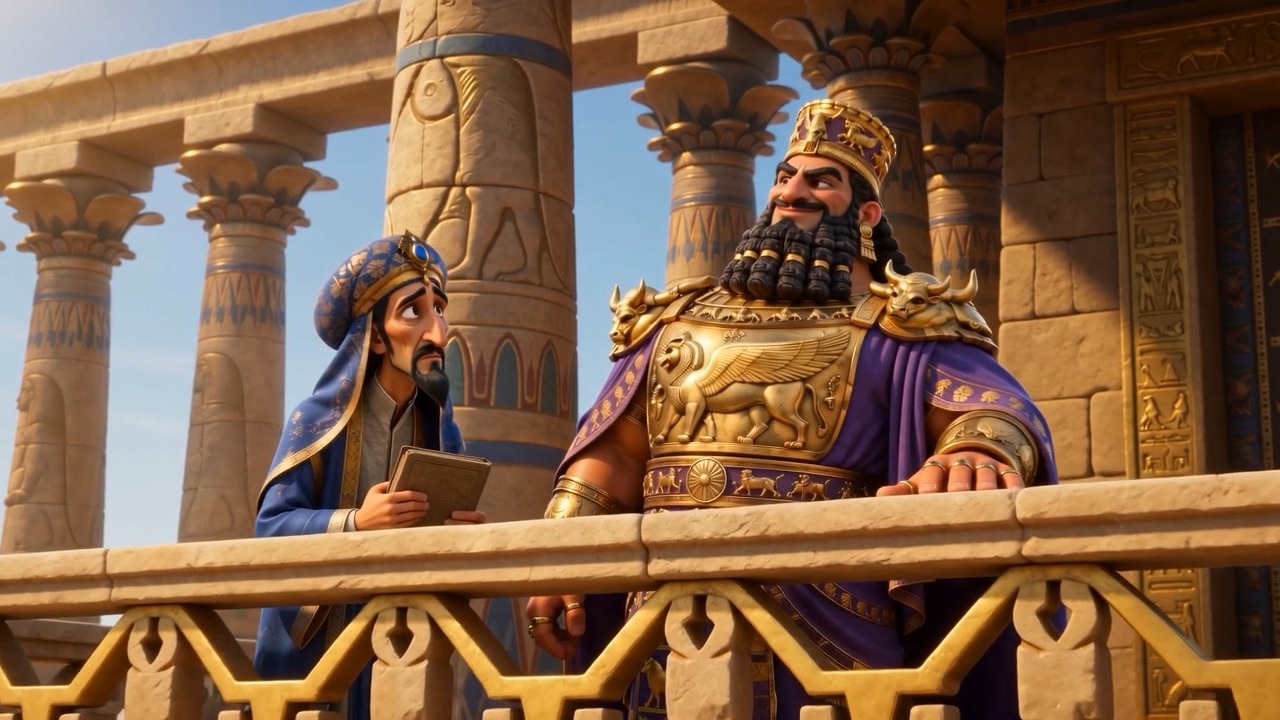 The king and his vizier survey the image from a balcony