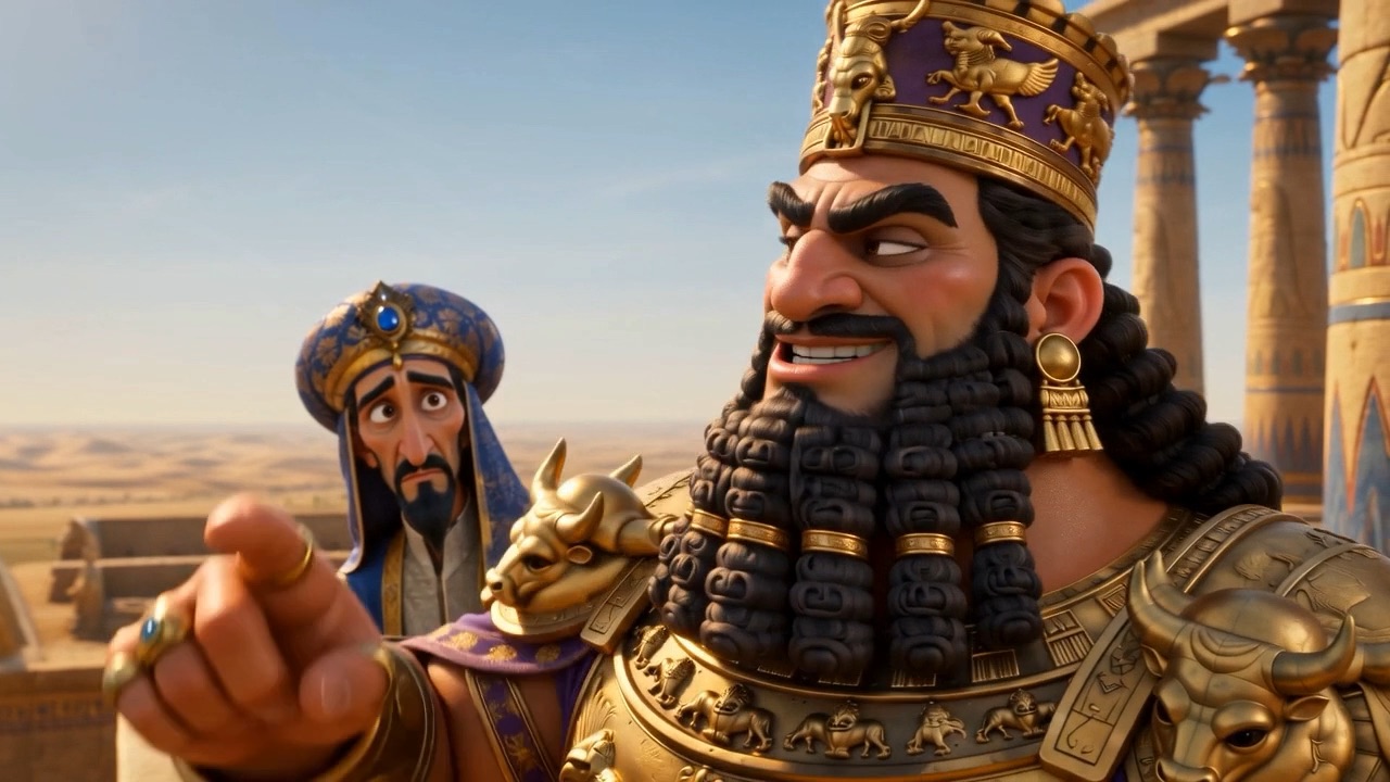 Nebuchadnezzar points proudly at his creation