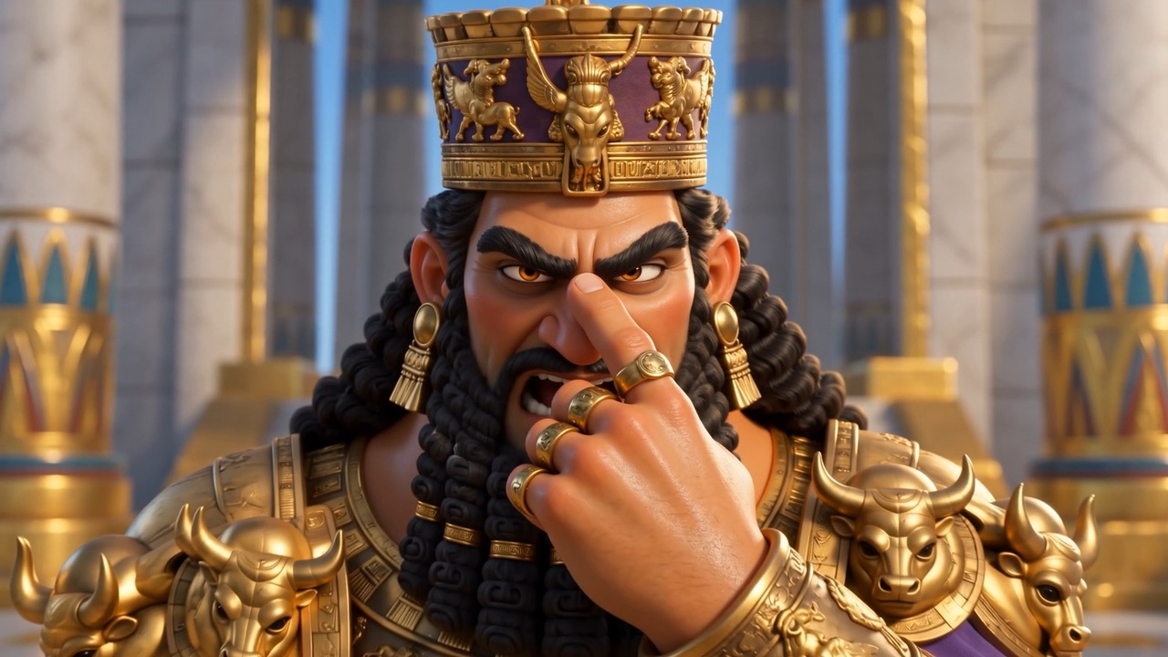 Nebuchadnezzar pinches the bridge of his nose