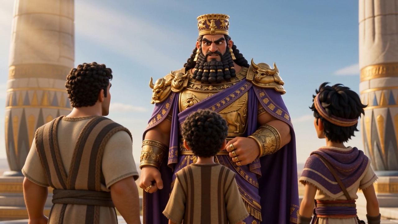 He confronts the three young men on the terrace