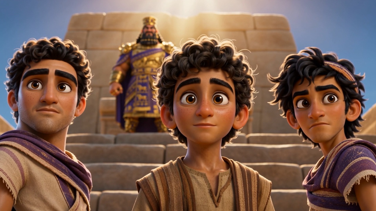 The three friends stand together on the steps, calm