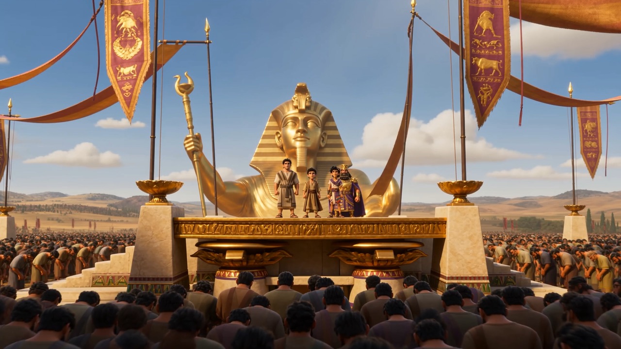 The dedication festival — banners stream around the golden image