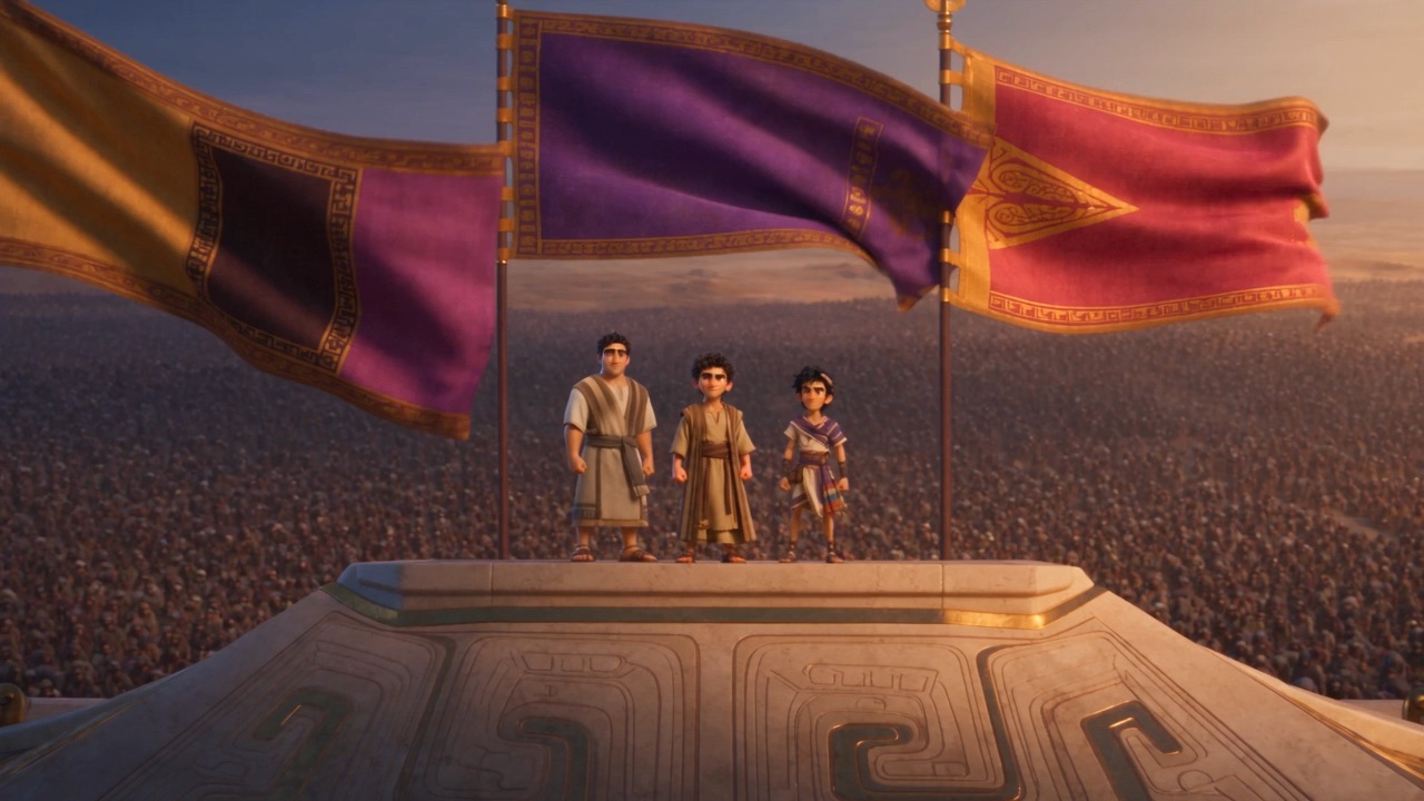 Purple and crimson banners ripple over the darkening plain