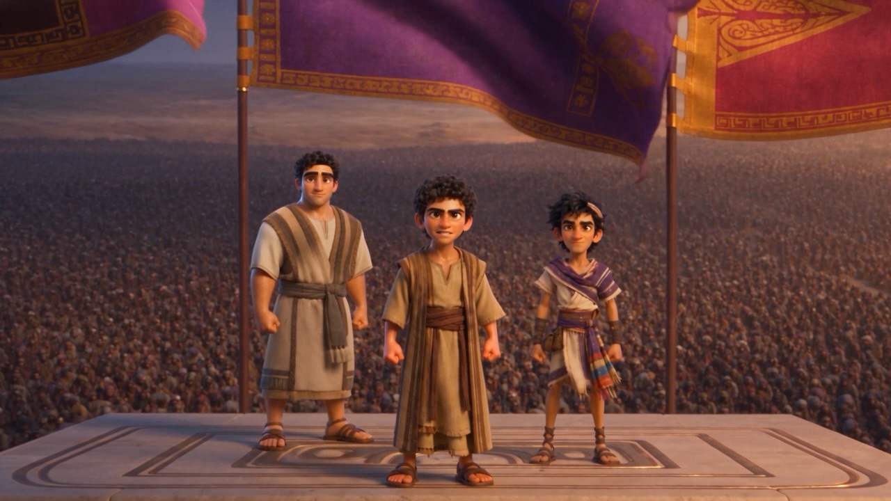 Shadrach, Meshach and Abednego stand upright in the bowed crowd