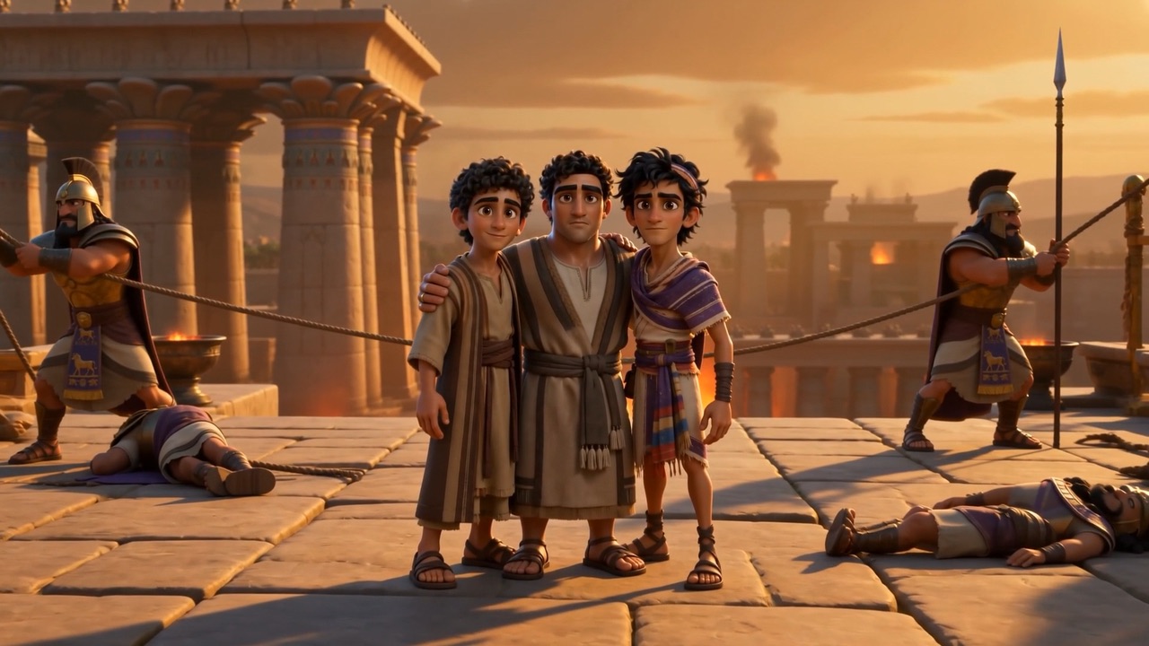 From above: a plain of bowed backs — and three men standing