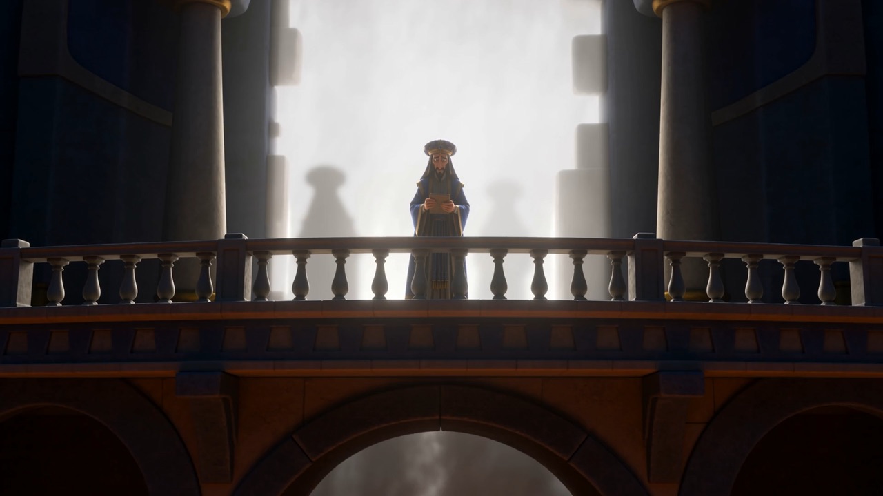 From a high balcony the king watches the glare