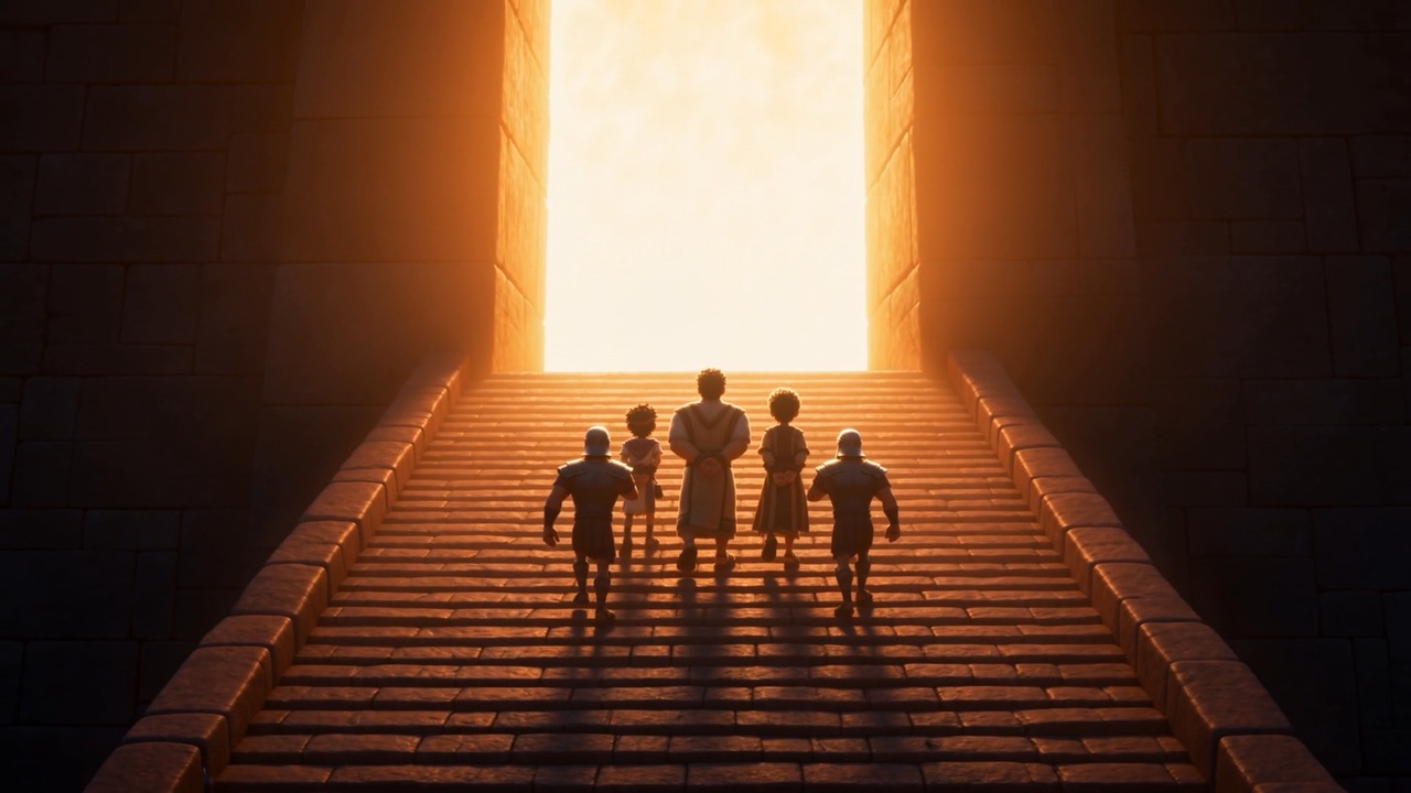 Small dark figures against the white-hot door